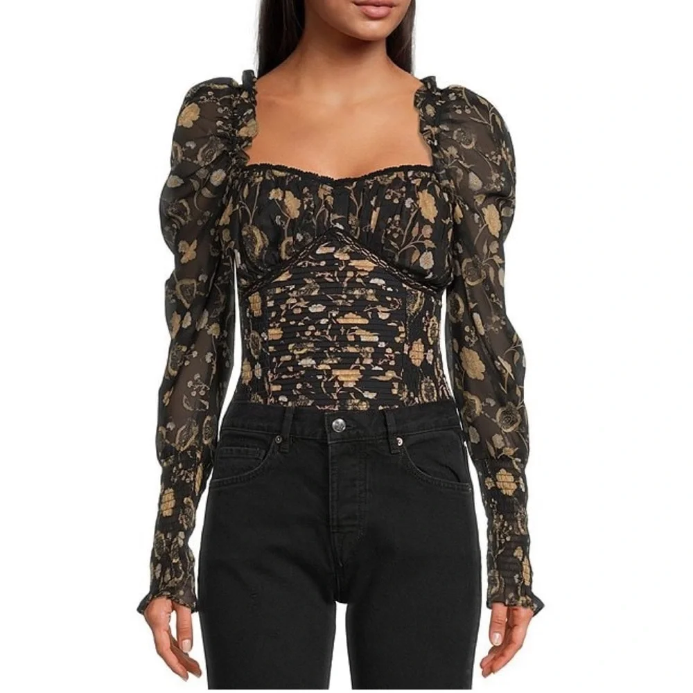 NWOT💕Free People Brunch Date Bodysuit in Black Combo Size XS